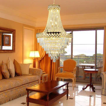 large crystal chandelier luxury dining room high ceiling design