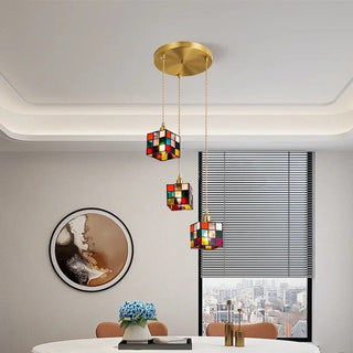 Rubik Cube Glass Pendant Modern  Luxury Gold Frame Light Fitting