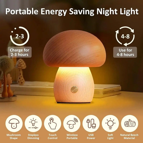 Zynella Fungi Luxe: Solid Wood Dimmable Mushroom Night Light