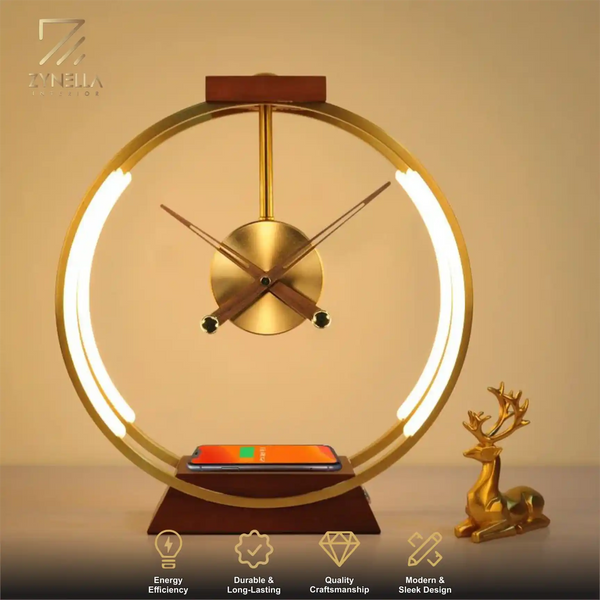 Zynella Chronos: Luxury Oak & Metal Lamp with Fast Wireless Charging