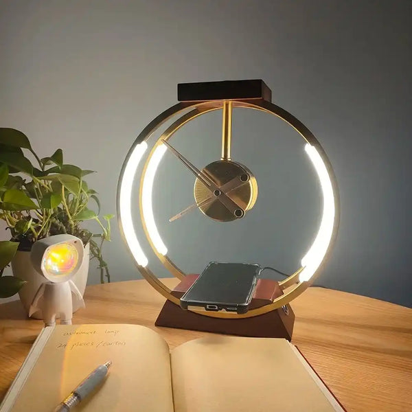 Zynella Chronos: Luxury Oak & Metal Lamp with Fast Wireless Charging