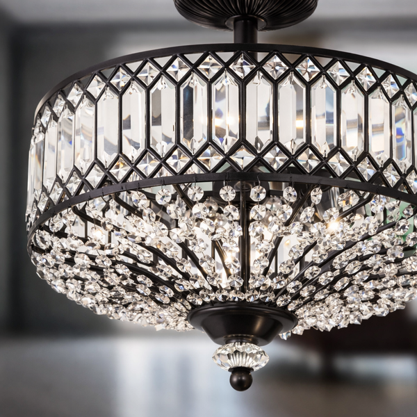 Close-up of Zeravia chandelier’s crystal prisms reflecting warm 2700K light