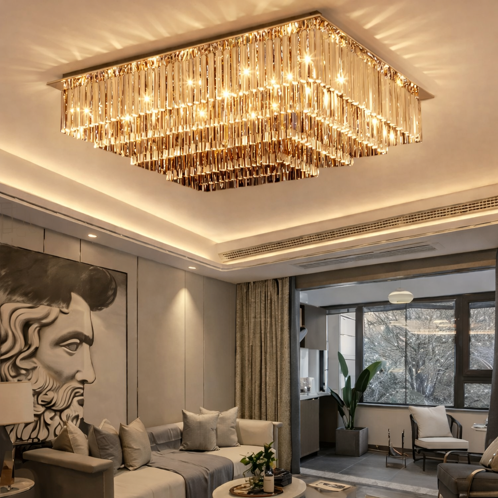 Contemporary rainfall crystal chandelier installed in boutique hotel lobby