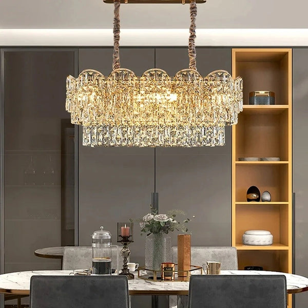 Modern crystal chandelier installed