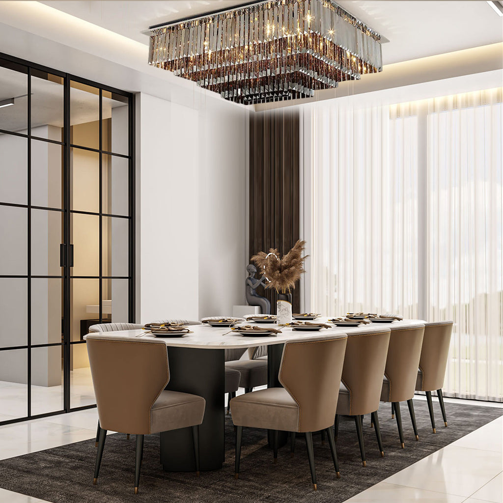 Modern rainfall crystal chandelier installed in contemporary living room interior