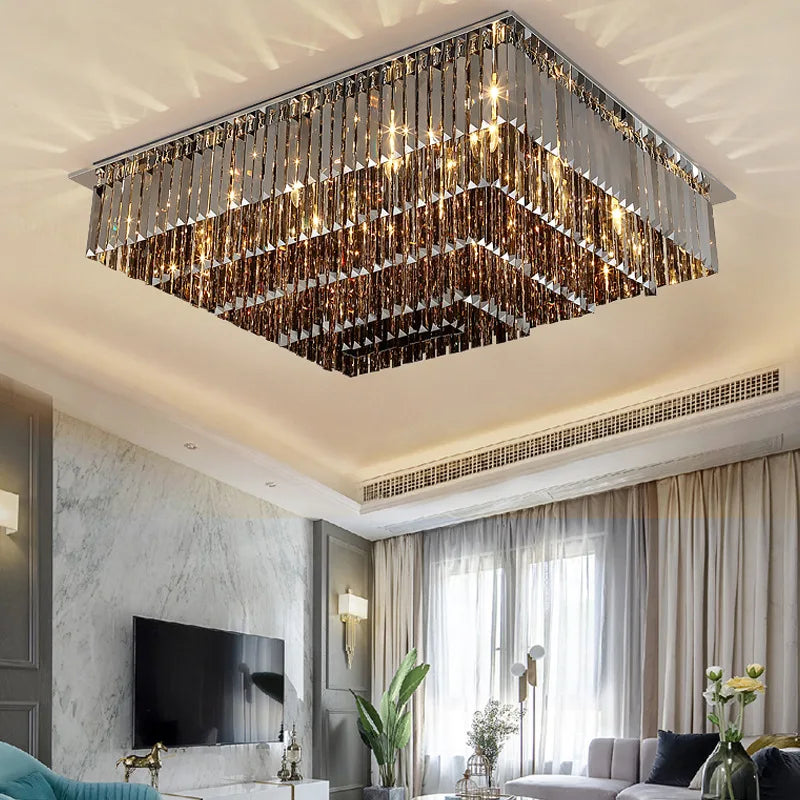 Surface mounted crystal chandelier above dining table with natural white lighting