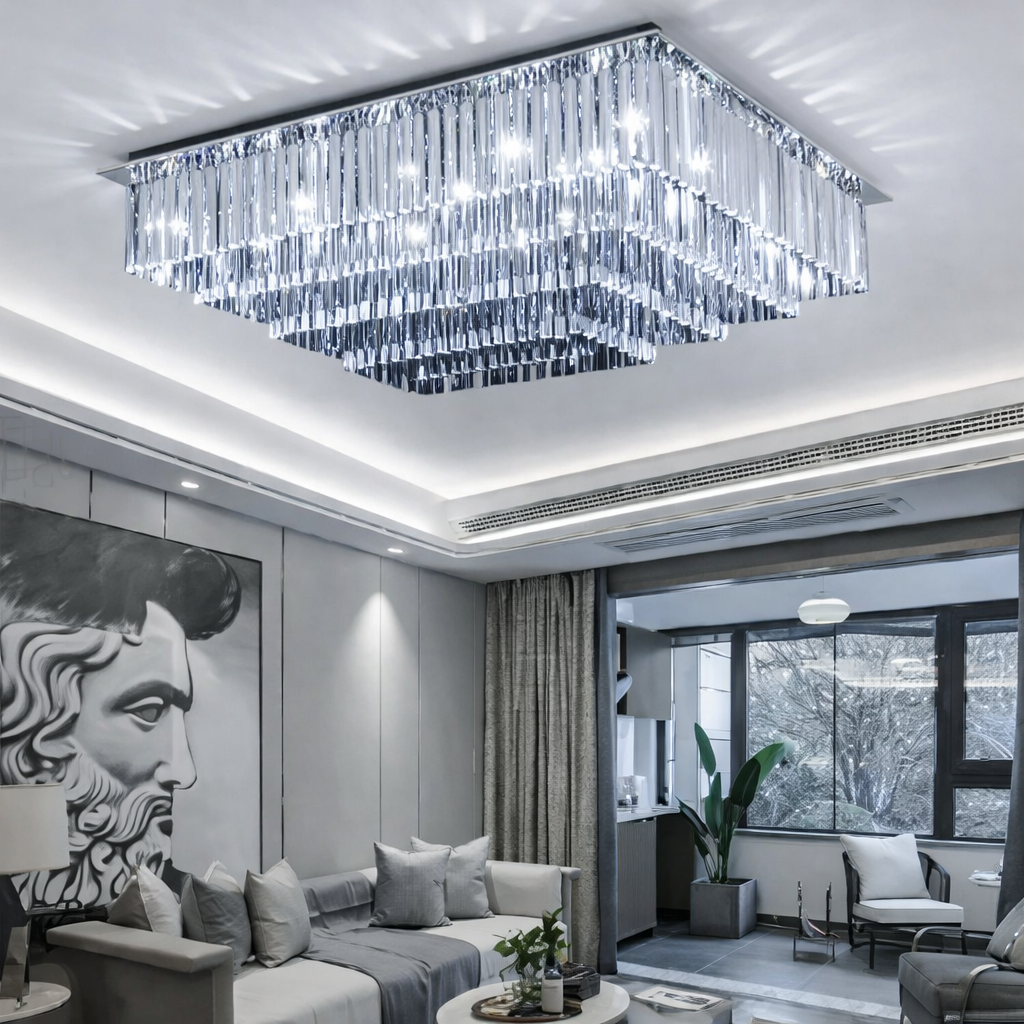 Surface mounted stainless steel base of rainfall crystal chandelier installation