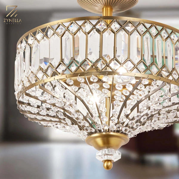Zeravia Gold Crystal Modern Chandelier hanging in a luxury living room with contemporary décor
