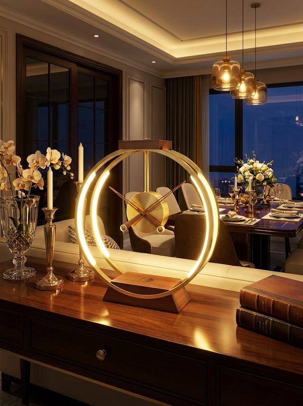 Zynella Chronos: Luxury Oak & Metal Lamp with Fast Wireless Charging