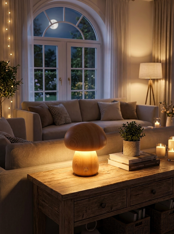 Zynella Fungi Luxe: Solid Wood Dimmable Mushroom Night Light
